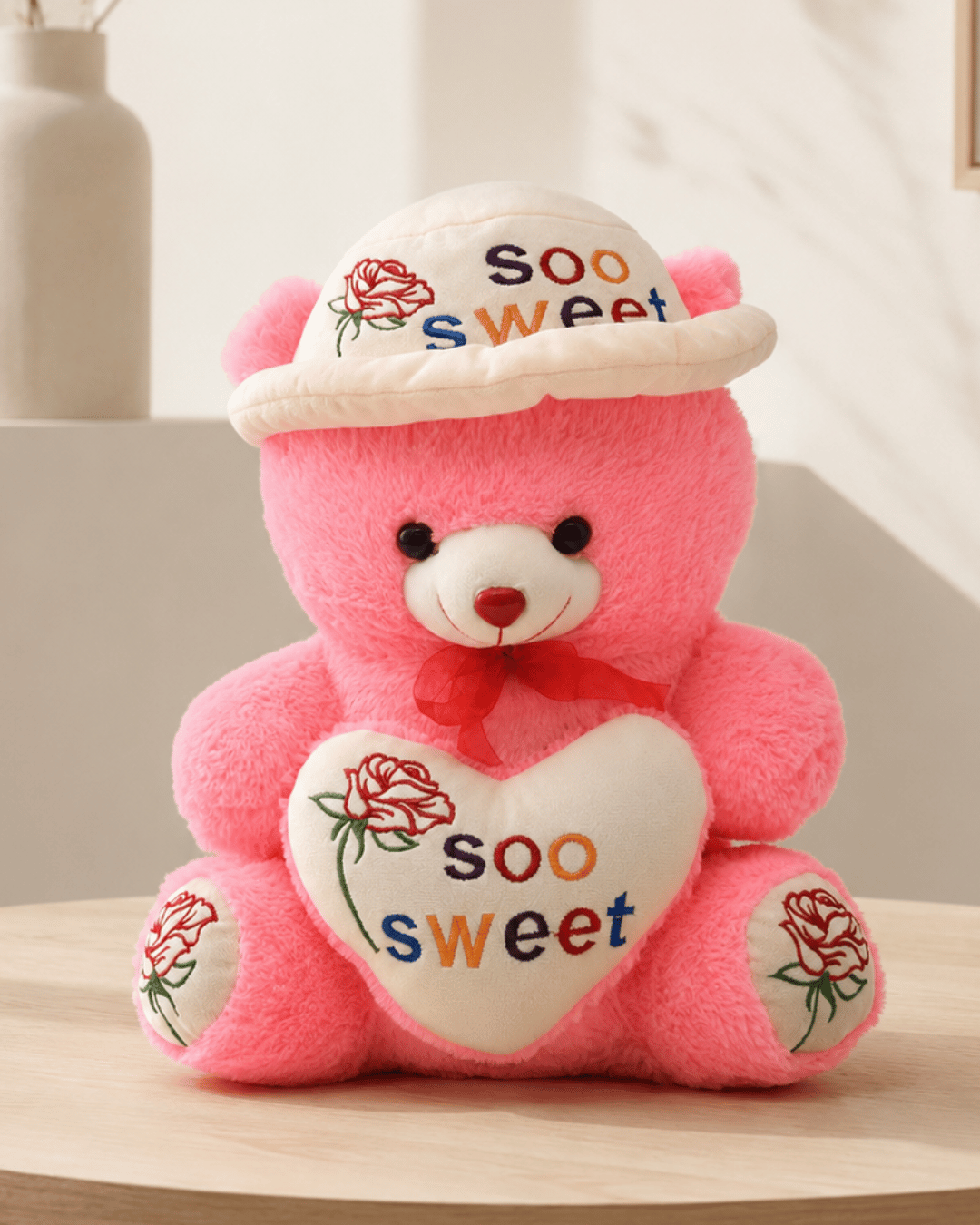 Soo Sweet Pink Teddy Bear with Cap & Rose Heart – 24 Inch